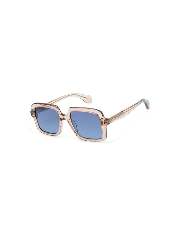 Seitenansicht, braun transparente Sonnenbrille mit blauen Gläsern