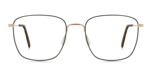 roségoldene, gebürstete titan Brillenfassung mit olivgrünen Frontrahmen, Mischung aus runder und eckiger Form, von Munic Eyewear aus München