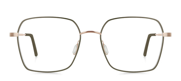 roségoldene gebürstete, Schmetterlingsförmige titan Brillenfassung mit olivgrünem Frontrahmen von Munic Eyewear aus München.