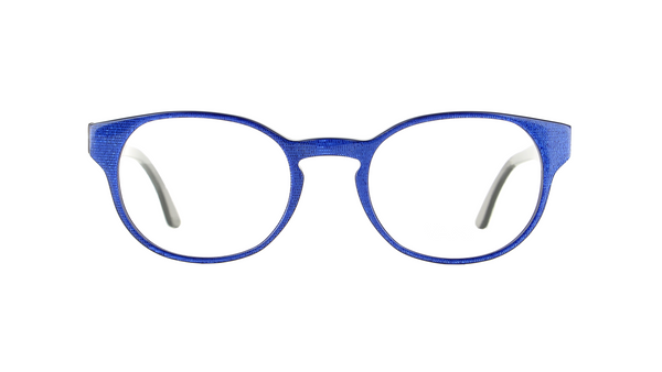 Frontansicht der blauen rundlichen Acetat-Fassung der Marke Vanni.