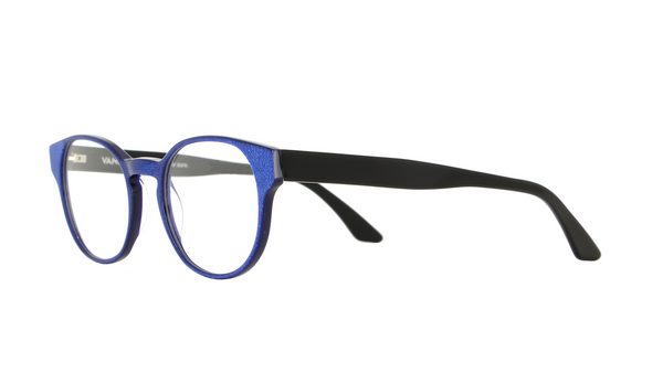 Seitenansicht der blauen rundlichen Acetat-Fassung der Marke Vanni.